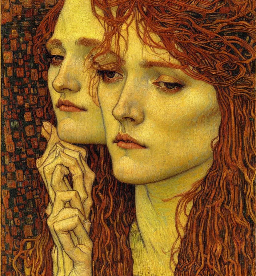 Image similar to detailed realistic beautiful young medieval queen face portrait by jean delville, gustav klimt and vincent van gogh, art nouveau, symbolist, visionary, gothic, pre - raphaelite, muted earthy colors, desaturated