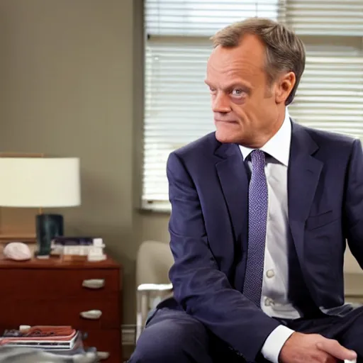 Image similar to Donald Tusk in a still from the american sitcom The Office