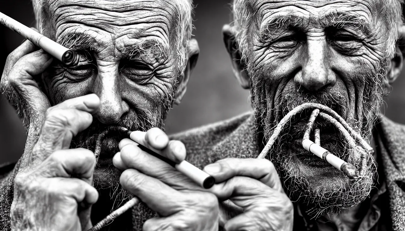 Image similar to hyper realistic color photo, portrait of a single weathered old man smoking pipe, cables and fibres emerge from his mouth and ears, dramatic shadow!!, full colour, upscale, 8 k, masterpiece