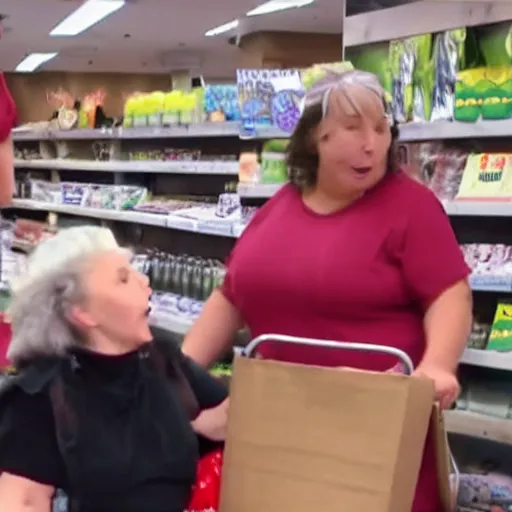 Prompt: Exhausted retail workers take out rage on elderly lady