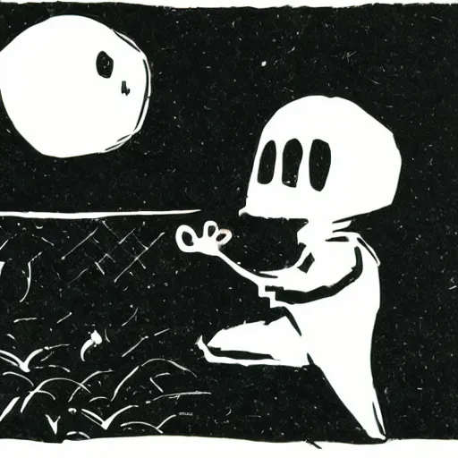 Image similar to linocut of a kid wearing a ghost costume