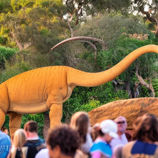 Prompt: photograph of a real brontosaurus exhibit at san diego zoo, tourists in background, bokeh, high definition, slr, golden hour, 4 k