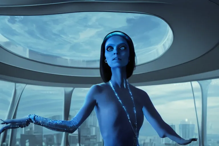 Image similar to vfx movie scene closeup portrait of beautiful blue skin fit alien woman dancing in in yoga pants in sleek futuristic decadent spaceship pillars, alien antenna, futuristic ballroom. big eyes, giant windows view of earth obit. by emmanuel lubezki