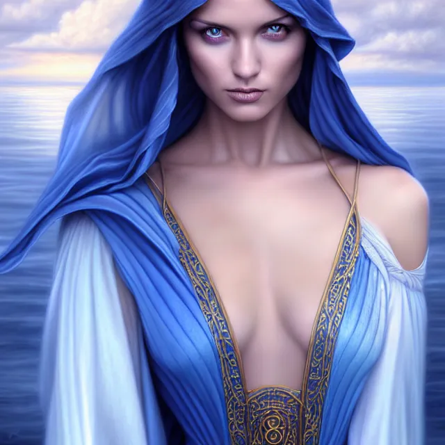 Image similar to beautiful!! water witch with intricate blue robes artgerm anne stokes highly detailed 8 k hdr smooth sharp focus high resolution award - winning photo photorealistic