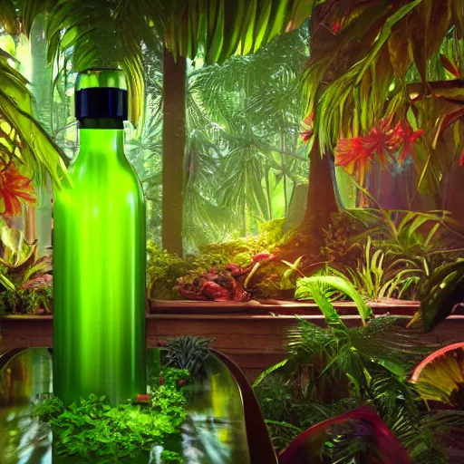 Prompt: green juice bottle in a luscious tropical grove with neon auroras, path traced, environment, highly detailed, concept art, realistic, octane render, up close shot shinji aramaki, karol bak, alphonse mucha