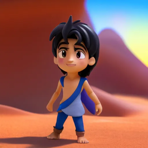 Prompt: profile view of young aladdin as nendoroid walking in a desert in the croods movie style, anime, disney, pixar, 8 k, hd, dof, kodak film, volumetric lighting, subsurface scattering, photorealistic, octane render, details