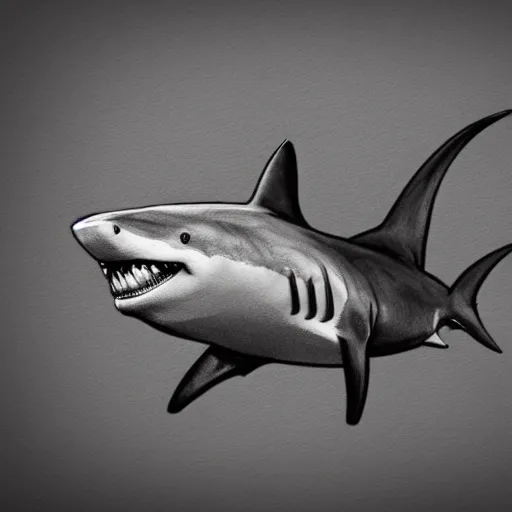 Image similar to happy shark going to work, pencil sketch, black and white