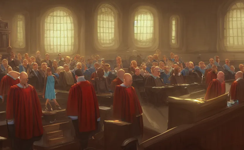 Image similar to the courtroom, close up a bald man in a skirt, no blur, 4 k resolution, ultra detailed, style of marc simonetti, tyler edlin, deviantart