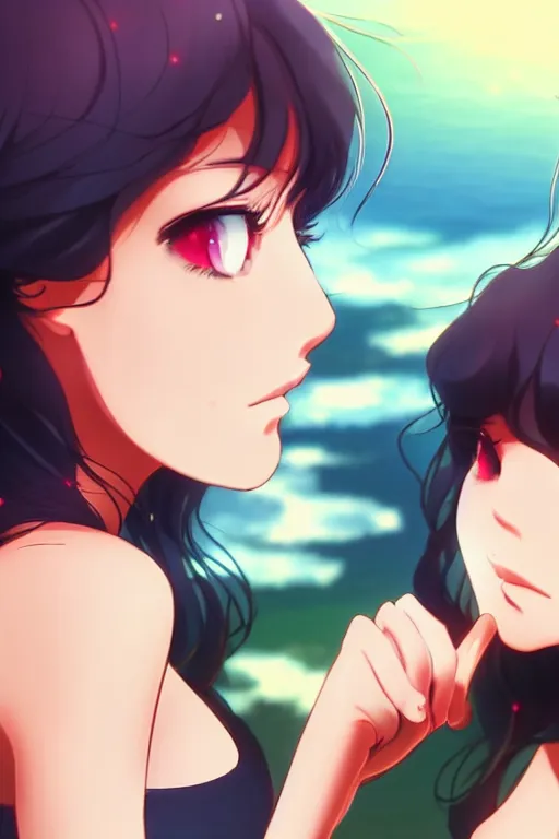 Image similar to two beautiful mothers outside on a hot summer evening, gorgeous faces, thick lines, cinematic lighting, detailed anime art