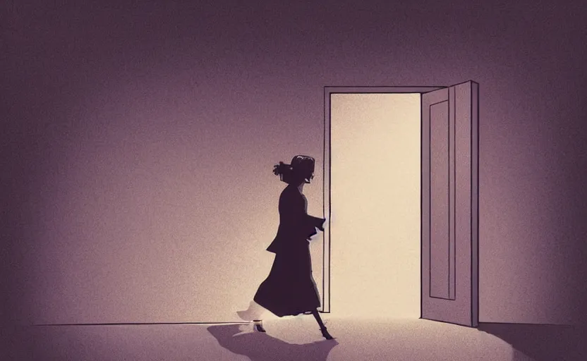 Prompt: a woman walking towards a door that leads to the sky, art by peter lloyd, intricate, elegant, sharp focus, illustration, highly detailed, matte, sharp focus, illustration, art by peter palombi, movie poster