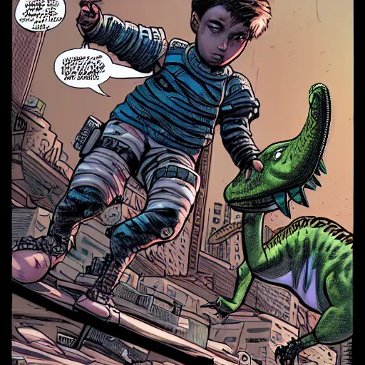 Image similar to intricate detailed full-page comic book cover illustration of a cyborg punk street kid with a pet dinosaur, no speech bubbles, cyberpunk