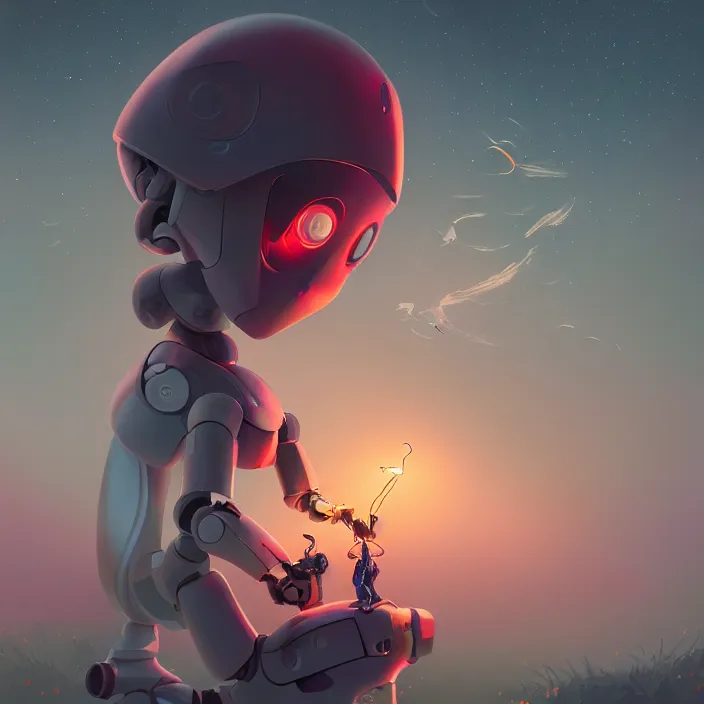 Prompt: innocent ai robot playing with a pixie at night woods, trending on artstation, 50mm, by Noah Bradley