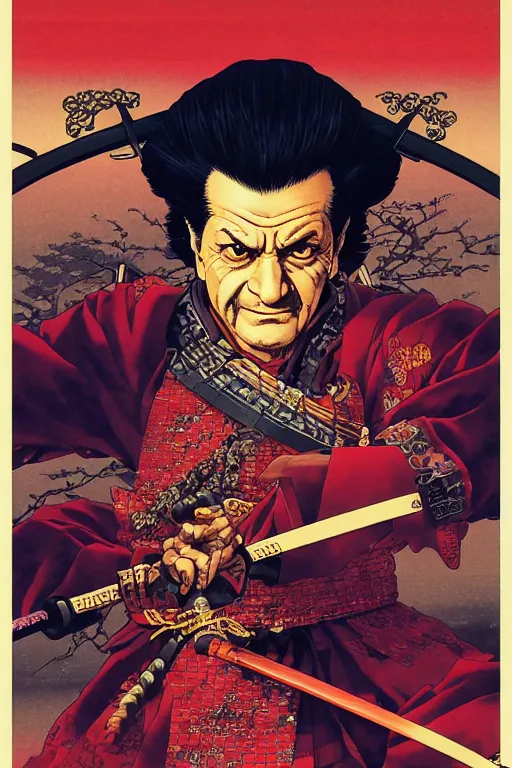 Prompt: poster of joe pesci as a samurai, by yoichi hatakenaka, masamune shirow, josan gonzales and dan mumford, ayami kojima, takato yamamoto, barclay shaw, karol bak, yukito kishiro
