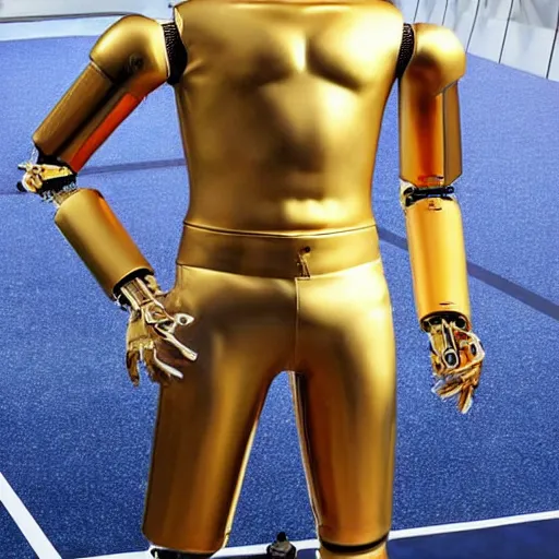 Image similar to a realistic detailed photo of a guy who is an attractive humanoid who is half robot and half humanoid, who is a male android, soccer player cristiano ronaldo, shiny skin, posing like a statue, blank stare, by the pool, on display, showing off his muscles, humanoid robot, gold soccer shorts