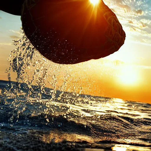 Image similar to a closeup photorealistic photograph of a cute smiling knitted tiger hippopotamus chasing after beachballs during sunset. surf in background. professional capture. this 4 k hd image is trending on artstation, featured on behance, well - rendered, extra crisp, features intricate detail, epic composition and the style of unreal engine.