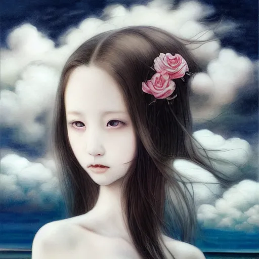 Image similar to young vampire Portrait by Miho Hirano, manga, realistic, detailed, white, light pink tonalities, beautiful collage technique including clouds, sea, wind, ornate sea background, beautiful Fantasy detailed trending on artstation, oil painting,Dramatic lighting, eterea , high quality print, fine art with subtle redshift rendering