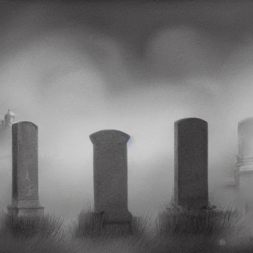 Image similar to an eerie graveyard with ancient tombstones, misty, strands of fog, creepy, night lighting, finely detailed black and white pencil drawing