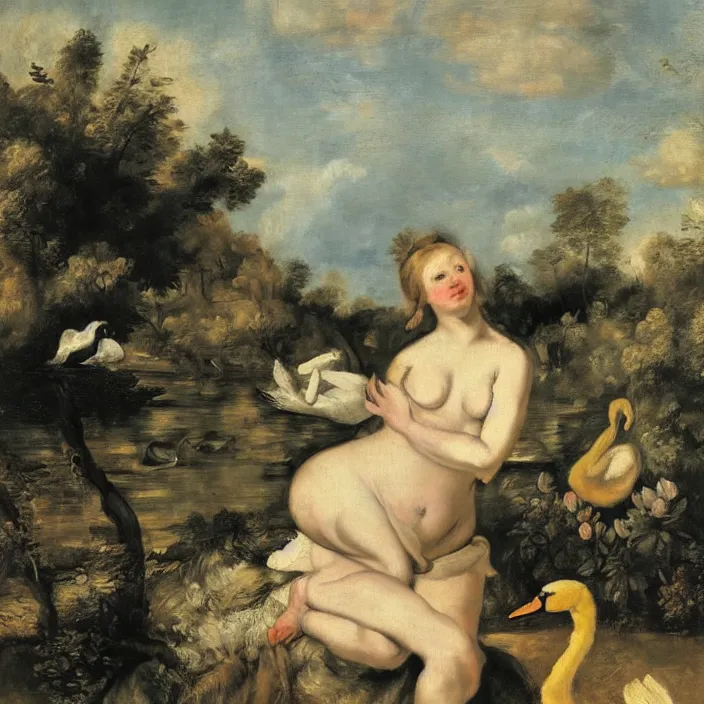 Prompt: leda with swan in a stunning landscape, golden light in center of painting, oil painting by frans hals