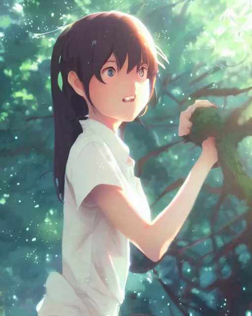 Prompt: a girl trying to eat a tree, full shot, atmospheric lighting, detailed face, by makoto shinkai, stanley artgerm lau, wlop, rossdraws