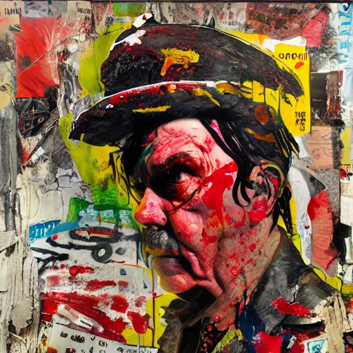 Prompt: hyperrealistic, photorealistic, mixed media oil painting of captain beefheart, magazine scraps, plaster, blood, oil, mustard, splatter, greg rutkowski, basquiat, ralph steadman, wesley kimler, terry gilliam, andy warhol, wesley kimler