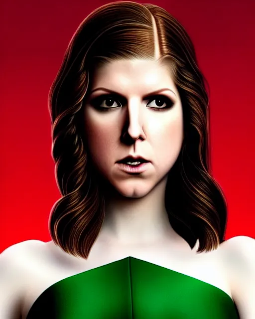 Prompt: Karmen Loh art, cinematics lighting, beautiful Anna Kendrick supervillain, green dress with a black hood, angry, symmetrical face, Symmetrical eyes, full body, flying in the air over city, night time, red mood in background