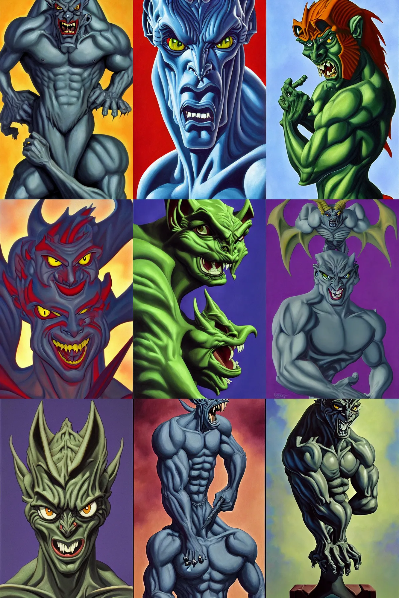 Prompt: gargoyle art style by the tv series gargoyles ( 1 9 9 4 – 1 9 9 6 ) oil on canvas, masterpiece, hi - fructose, greg weisman, trending on pxiv, highly detailed face, clear eyes
