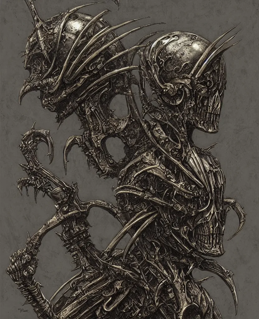 Image similar to a filigree ornamental medieval iron and black bronze helmet with skeletal features and short spikes, art by (((wayne barlowe))), hr giger, hedi xandt, foggy, dimly lit, artstation, concept art,