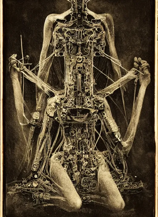 Image similar to old wetplate daguerreotype birth of a cyborg in times of eternal summoning, fractal, intricate, elegant, highly detailed, parallax, leica, medium format, subsurface scattering, by jheronimus bosch and greg rutkowski and louis jacques mande daguerre