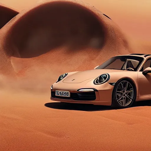 Image similar to a porsche 911 escaping from a huge sandworm in the planet of arrakis from Denis Villeneuve\'s movie Dune (2021)