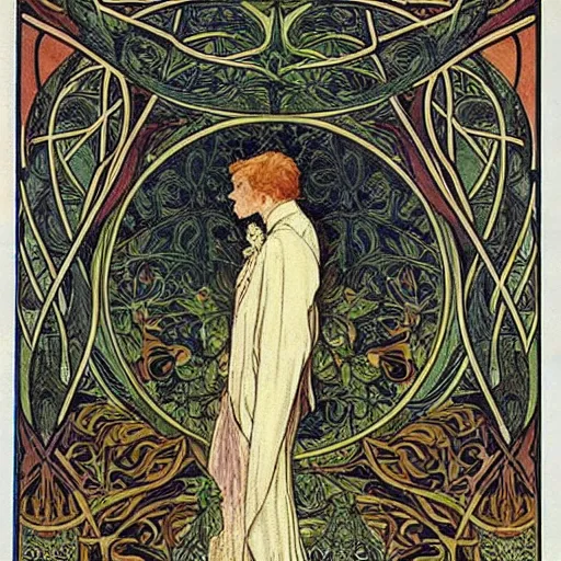 Image similar to dorian gray, master magician by william morris and mucha ( ornate intricate geometry )