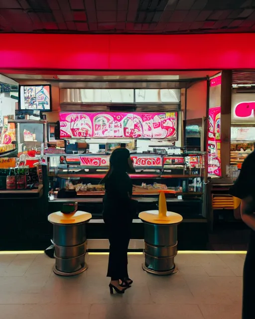 Prompt: film still of obese 3 0 0 - pound kylie jenner standing behind the counter at mcdonald's, vibrant high contrast, octane, arney freytag, cinematic, portrait, backlit, rim lighting, 8 k