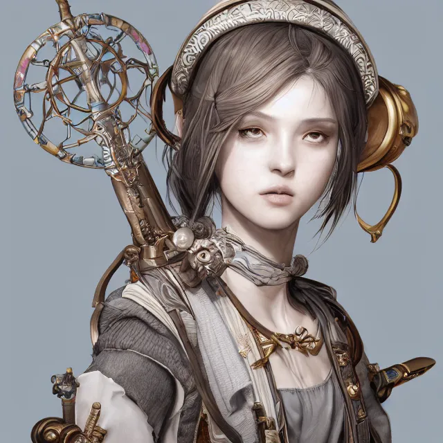 Image similar to studio portrait of neutral good colorful female cleric bard healer as absurdly beautiful, elegant, young skinny gravure idol, ultrafine hyperrealistic face illustration by kim jung gi, irakli nadar, intricate linework, sharp focus, bright colors, matte, octopath traveler, final fantasy, unreal engine highly rendered, global illumination, radiant light, intricate environment