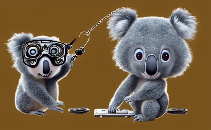 Image similar to “ cute koala with very big eyes, wearing a bandana and chain, holding a laser gun, standing on a desk, digital art, award winning, in the style of the movie madagascar ”