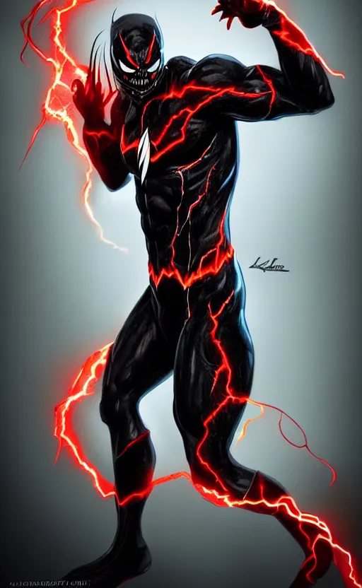 Image similar to full body portrait of venom as the flash, black and red, dynamic lighting, cinematic, ultra detailed, trending on art station, stunning visuals, creative, fantasy concept art