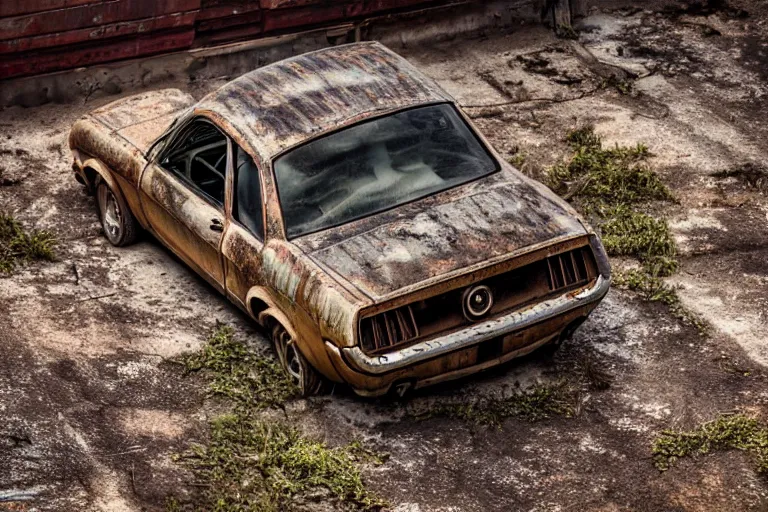 Prompt: A rusty old mustang in an abandoned big factory, sun lighting from above, taken with a Leica camera, overgrown foliage, ambient lighting, bokeh, sunset time, highly detailed art