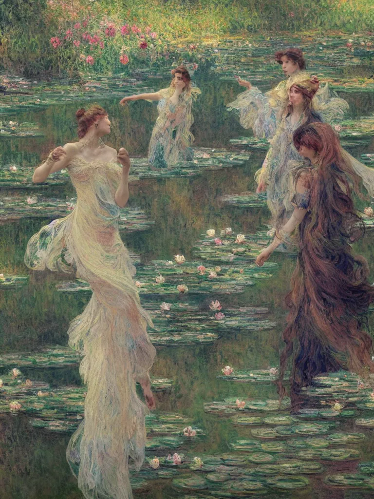 Image similar to illustration studio portrait of three beautiful seraphim female energy in artistic poses in a pond in nature, monet painterly motives and textures pattern, hyper detailed, octane render, vivid colors, artstation, by jeremy mann, by alphonse mucha, by monet