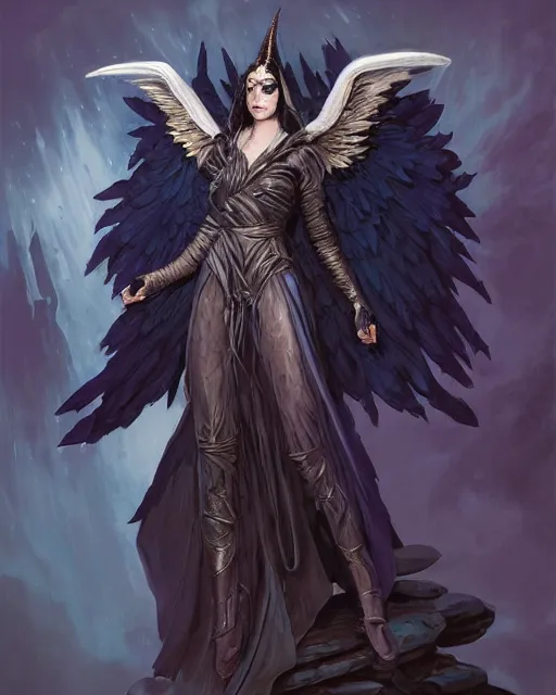 Prompt: character portrait of a raven angel of night with iridescent black raven wings wearing robes, female lord of change, by peter mohrbacher, mark brooks, jim burns, marina abramovic, wadim kashin, greg rutkowski, trending on artstation