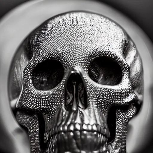 Image similar to metallic skull with the body of an infinite giant coiled snake, room interior, dark fantasy, XF IQ4, f/1.4, ISO 200, 1/160s, 8K, RAW, unedited, symmetrical balance, in-frame