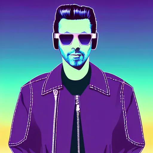 Image similar to 3 / 4 view closeup portrait of johnny silverhand with light blue shutter shades in front of a sunset, a dark purple leather jacket, vector art by jan tengnagel, pixabay contest winner, retrofuturism, retrowave, synthwave, outrun, portrait, synthwave