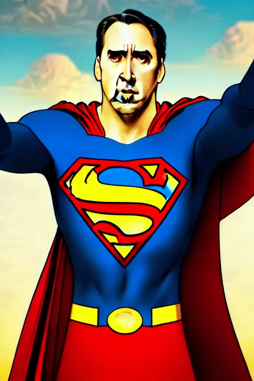 Image similar to nicholas cage as superman, art by artgerm and greg rutkowski and alphonse mucha