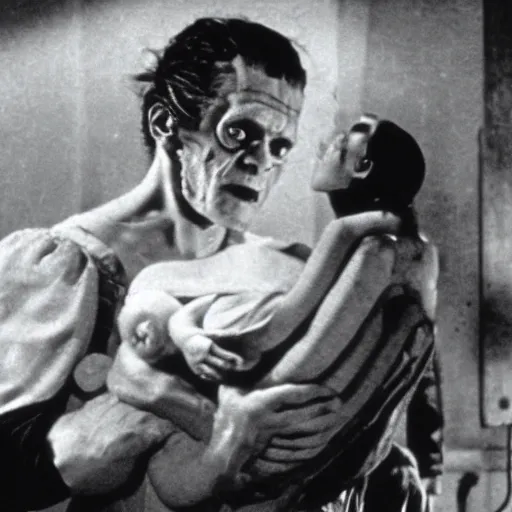 Image similar to frankenstein as an midwife delivering a baby in a hospital realistic 3 5 mm cinematic