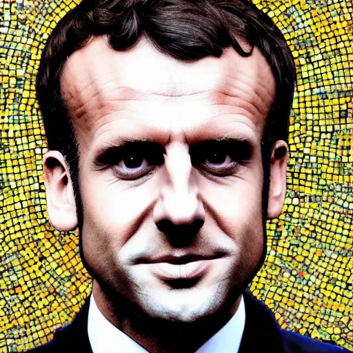 Prompt: portrait mosaic of Emmanuel macron with animal ears, 4k, intricate details, digital, sun in the background