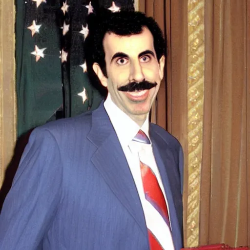 Prompt: Borat as president of America, happy smiling