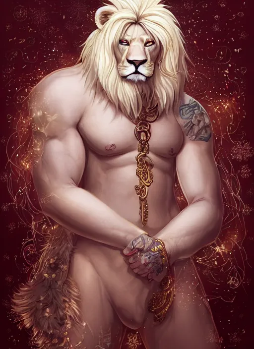 Prompt: award winning beautiful portrait commission of a male furry anthro albino lion with tattoos on his muscular belly with a beautiful hyperdetailed attractive outfit and face wearing a golden and red winter cozy outfit with red background and white snow falling around lion. Character design by charlie bowater, ross tran, and makoto shinkai, detailed, inked, western comic book art