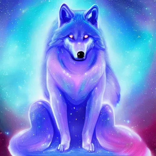 Image similar to A blue translucent wolf meditating in outer space, stars, artstation, digital art, spiritual, award winning, colourful
