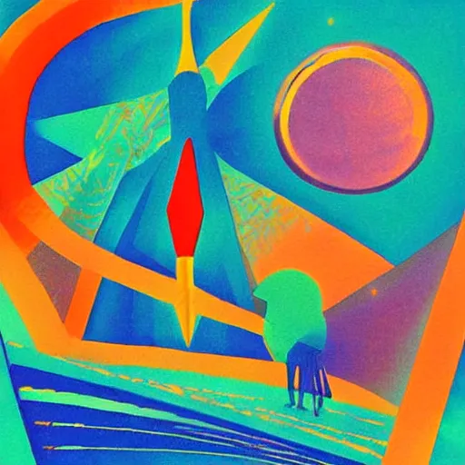 Image similar to fantasy science fiction artwork by Mary Blair