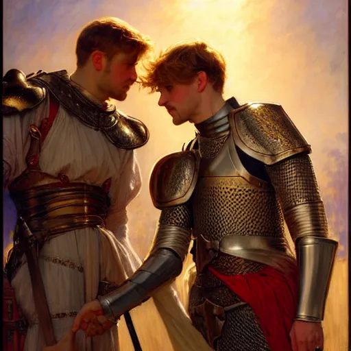 Image similar to attractive arthur pendragon and his attractive male knight, they are in love, natural lighting, path traced, highly detailed, high quality, digital painting, by gaston bussiere, craig mullins, alphonse mucha j. c. leyendecker