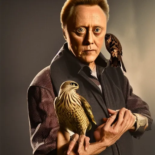 Image similar to christopher walken with a falcon on his arm, hyper realism, 5 0 mm, photo