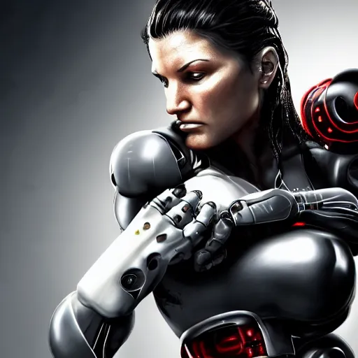 Image similar to beautiful digital painting of gina carano with one robotic cybernetic metallic grey arm, fighting pose, cyberpunk, highly detailed, hyperrealism, concept art, 8 k