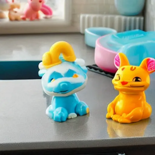 Image similar to some cute plastic toys that look like animal characters washing dishing in the kitchen, pastel colors